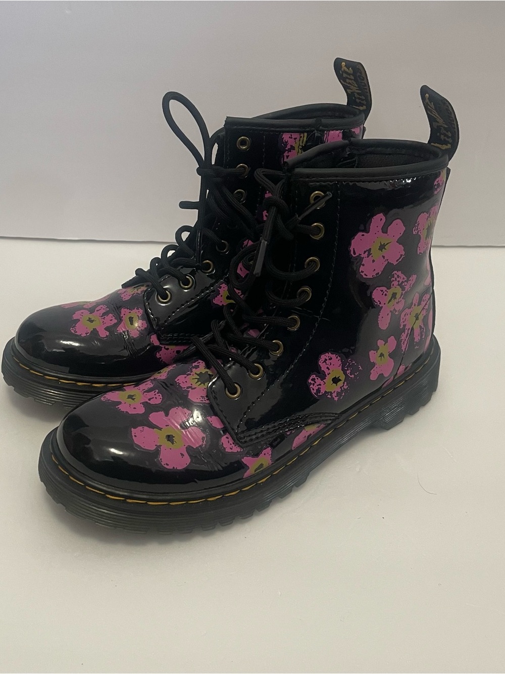 Dr. Martens 1460 J 8-Eye Patent Black Floral High Top Boot Youth Size US 4